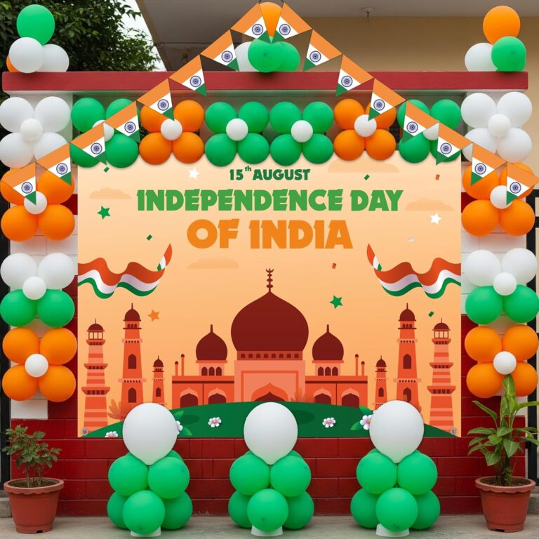 1iAM Independence Day Decoration Items Pack of 112 – 1pc Flex, 20pcs Flags, 90pcs Balloons & 1pc Glue Dots Roll For Club, School, Collage, Shop, Resturent, Shopping Mall | 15th August Decoration Combo