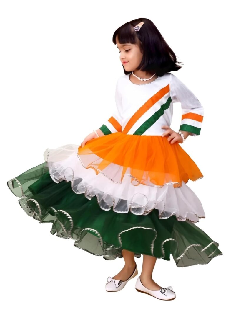 Agnivesha Girls Tricolor Independence Day Dress – Tiranga Themed Gown for Kids – 15 August & 26 January Special Costume – Patriotic Fancy Dress for Girls – National Festival Outfit