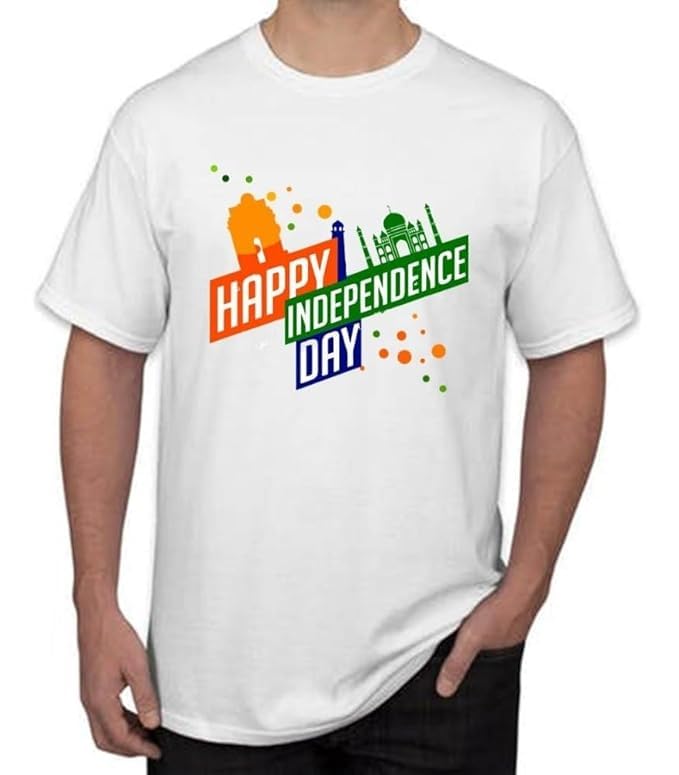 Indian Independence Day Graphic T-Shirt, White Cotton, Tricolor Design with Monuments