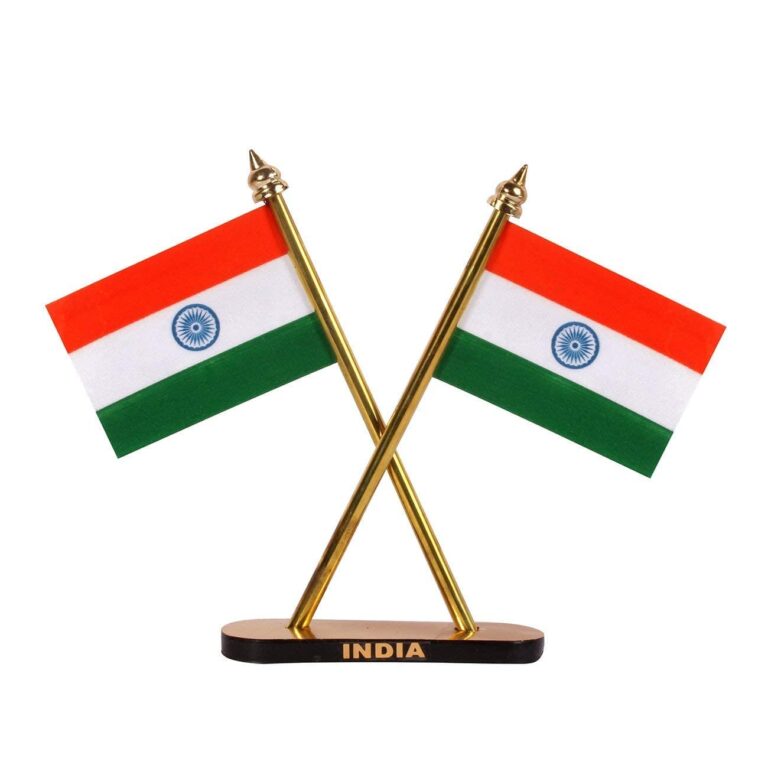Jtku Handicraft Indian Flag Hindustan Tiranga for Car Dashboard Table Home Decoration Decor Cross Design Stand – Double Sided Cross Flag Stand