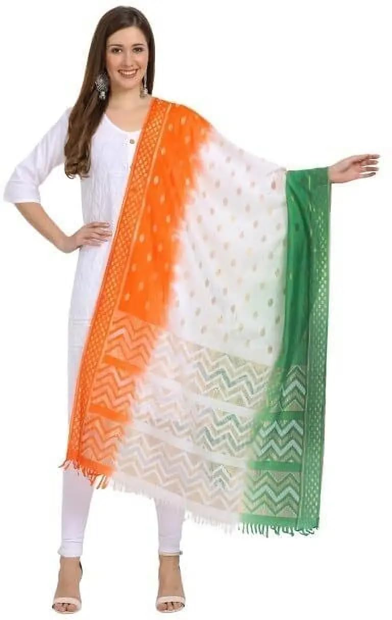 TMT HUB® Tiranga Dupatta for Girls & Women | Tricolor Republic Day/Independence Day Dupatta | Cotton Silk Self Design, Embellished Indian Flag Chunri | Multicolor Ethnic Dress Scarf