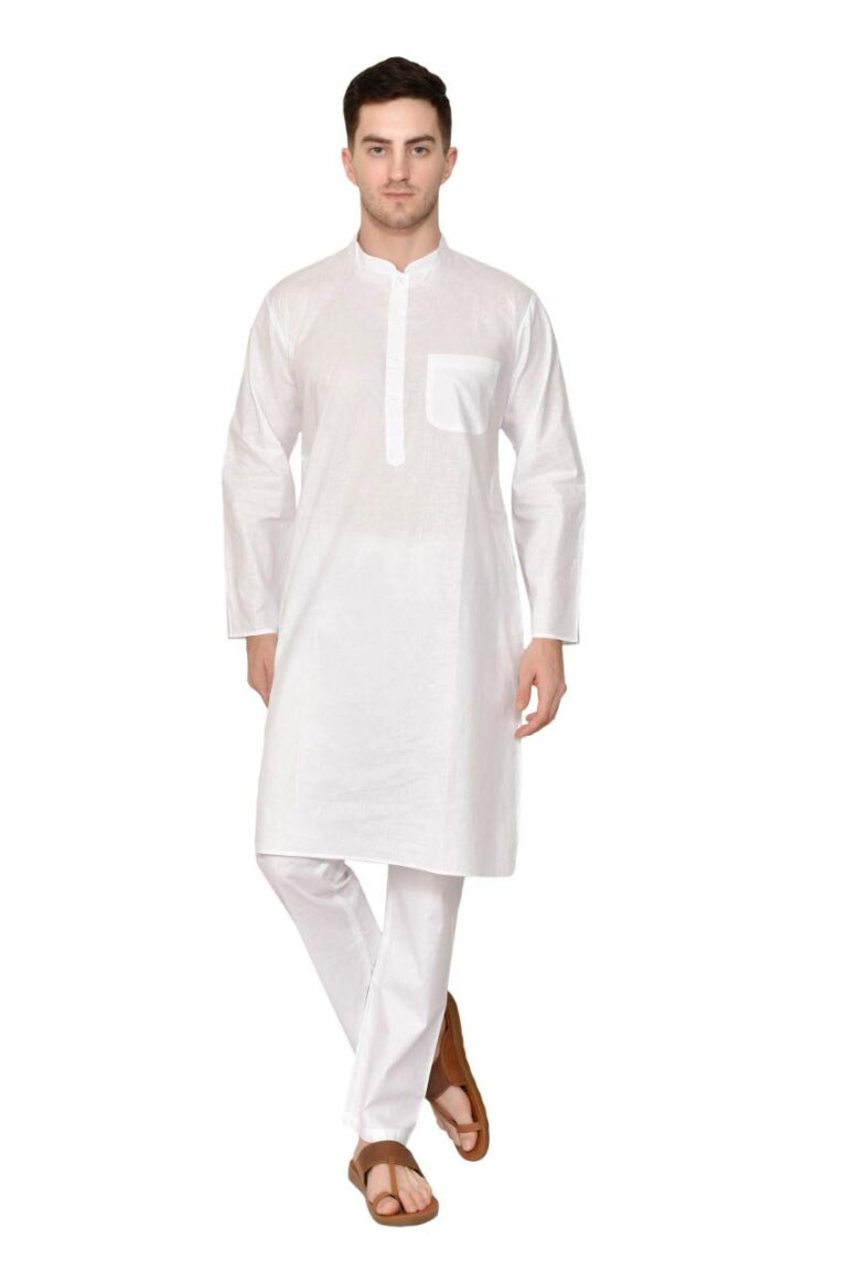 EXCENT Men’s Pure Cotton Solid Regular Fit Ethnic Wear White Kurta Pajama Set with Front Pocket