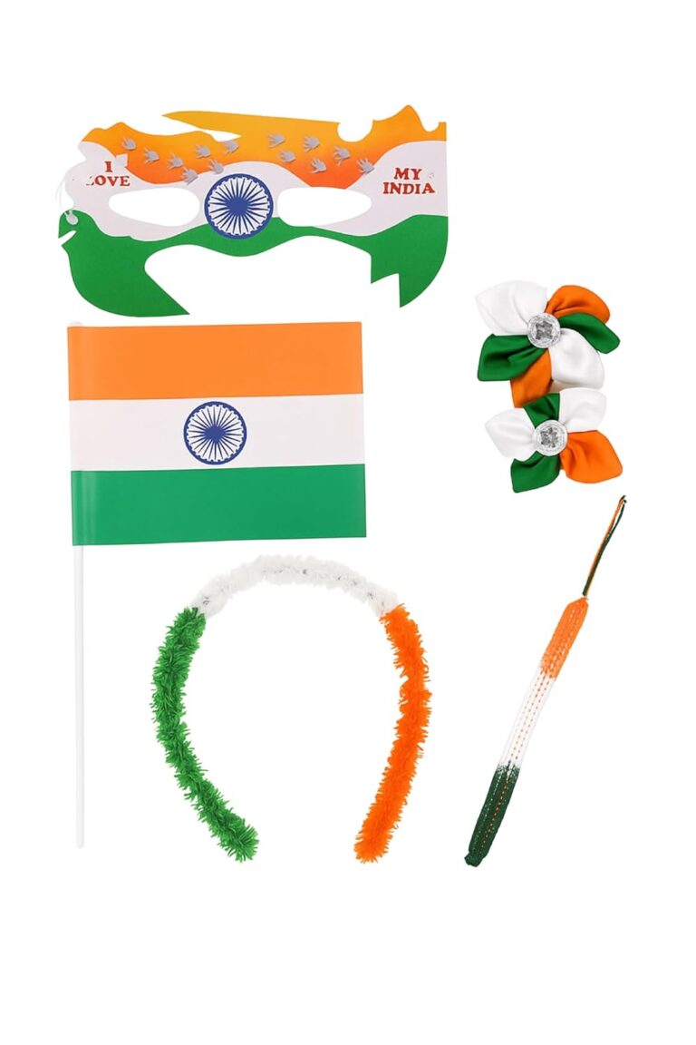 TASHVIKA’S 5_in_1 Independence Day Combo Set for Kids|Tricolor Flag, Eye Mask, Hairband, Handband & Hair Clips |Theme Costume Kit 15 August & 26 January