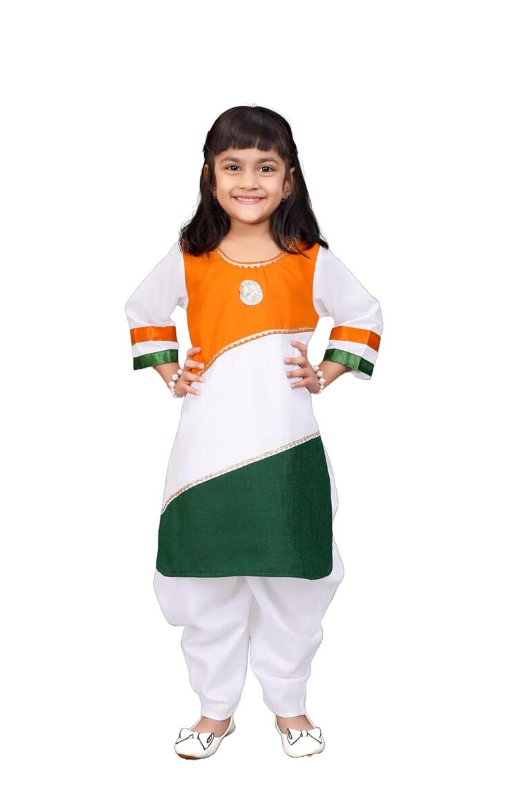satyamfab Ethnic Wear Kurta Dhoti Pant Set for Girls – Cotton Blend Fabric, 15 August, Independence Day Special, 3/4 Sleeve, Round Neck, Stylish & Comfortable
