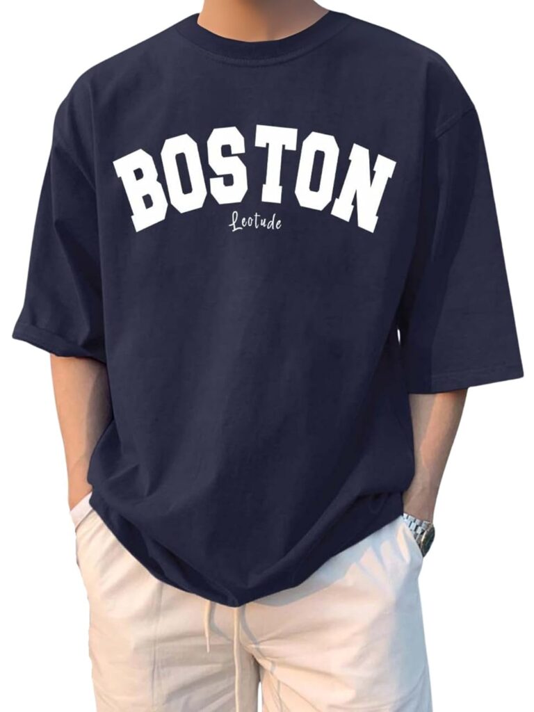 LEOTUDE Cottonblend Graphic Print Round Neck Half Sleeve Drop Shoulder Oversized Thirt for Man (Color Navy Blue)