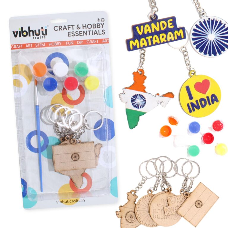 VibhutiCrafts Independence Day Keychain Painting Kit – DIY MDF India Flag, Map, Ashoka Chakra, Jai Hind, Vande Mataram Keychains with Paints & Brush – Patriotic Craft for Kids & Adults (6 pcs)
