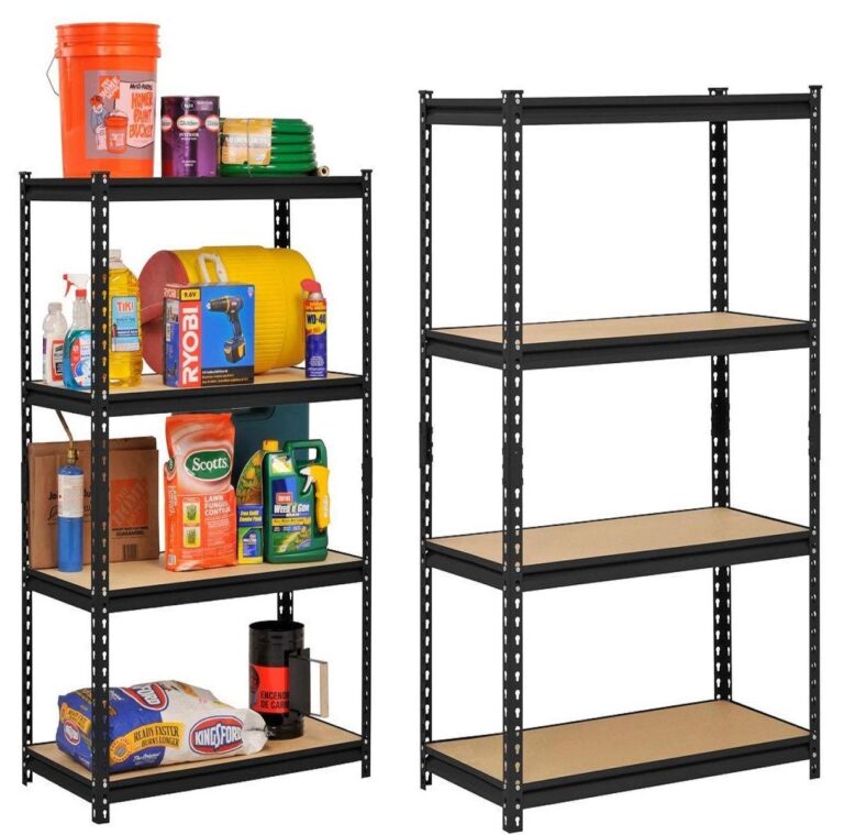 STAR WORK Adjustable Industrial Engineered Wood Storage Shelving Unit Boltless Rivet Rack ( Set of 4 , 54″ H x 24″ L x 12″ D , Beige and Black)