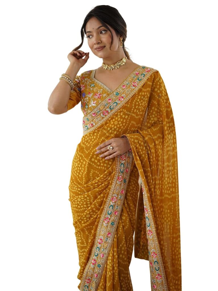 Satrani Women’s Georgette Bandhani Printed Festive Saree with Unstitched Blouse Piece
