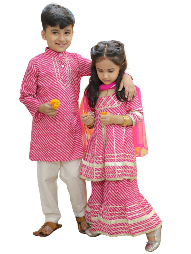 BownBee Pure Cotton Leheriya Kurta Pajama for Boys and Kurta Sharara with Dupatta for Girls Pink Sibling Set | Traditional Rakhi Outfit