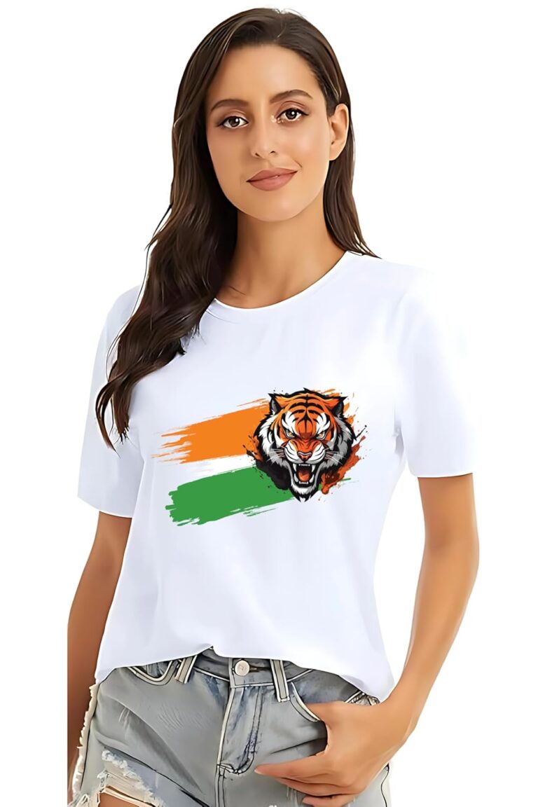 Indian Pride Tiger – Tri Color Graphic T-Shirt, White, Crew Neck, Short Sleeve Tshirt for Women