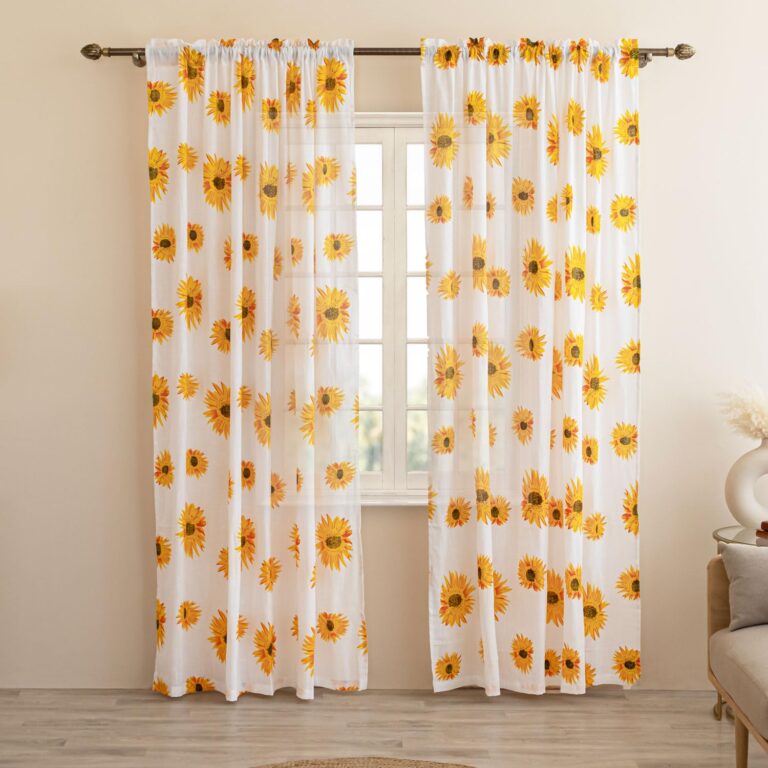 HOMEMONDE Printed Curtains – Cotton Sheer Transparent Curtain Set of 2, Hang with Rod Pocket Luxury Light Filtering Drapes (Sun Flower, Door- 7 Feet (Pack of 2))