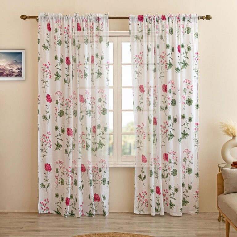 HOMEMONDE sheer Faux Linen Curtains with Rod Pocket Top Drapes for Living Room, Set of 2 (Pink Floral, Door – 7 Feet)