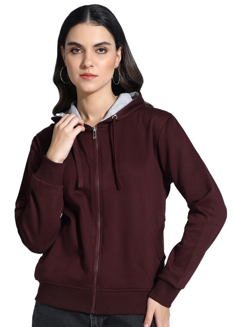 Alan Jones Clothing Women’s Solid Zipper Hooded Sweatshirt | Front Zip, Ribbed Hem, Lined Hood, Casual Winter Wear