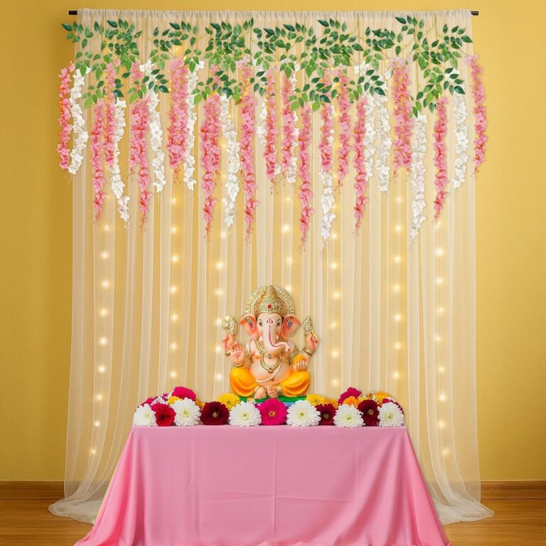 SpecialYou® Ganpati Decoration Setup for Home, Ganpati Decoration Backdrop with White Net Curtains, Pink & White Wisteria Hanging Decorations Items, Ganesh Chaturthi Decorations Setup – 18 Pcs