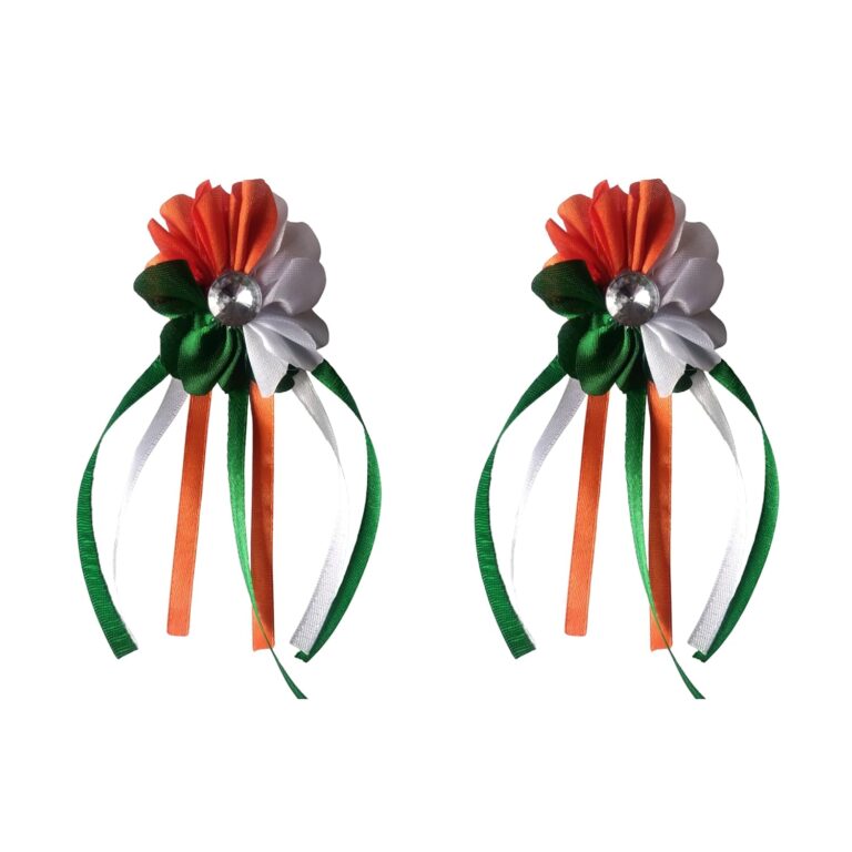 Tricolor Hair Accessories, Rubber Band For Independence Day Republic Day | Tiranga Hairband Rubber Band for Girls Flower Hair Clip with Ribbons, Indian Flag Colors, Crystal Centre – Set of 2