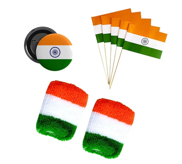 Combo of Tiranga Wrist Band, Flags and Round Pin Badge for Independence Day | Independence Day combo | Set of 12 Wrist Bands, Flags and Round Pin badge | Republic Day Combo | Gandhi Jayanti Combo