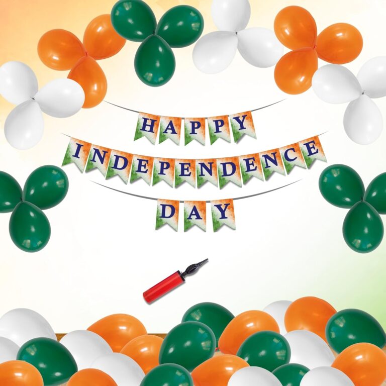 1iAM Independence Day Decoration Items Pack of 63 – 1pc Independence Day Paper Banner, 60pcs Metallic Balloons, 1pc Small Pump & 1pc Glue Dots | 15th August Decoration Items for Home, Office, Club