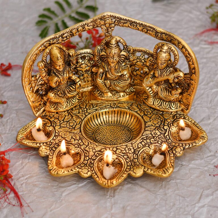 Collectible India Laxmi Ganesh Saraswati Idol Diya Oil Lamp Deepak – Metal Lakshmi Ganesha Showpiece Statue – Traditional Diya for Diwali Puja – Diwali Home Decoration Items Gifts (1) (1)
