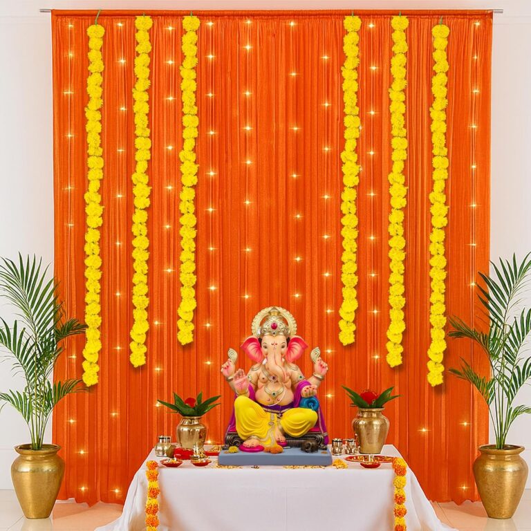 SpecialYou® Ganpati Decoration Setup for Home with Orange Chiffon Curtains, Marigold for Ganpati Decorations Backdrop, Ganesh Decorations Items for Home, Ganesh Chaturthi Decoration Setup-13Pcs
