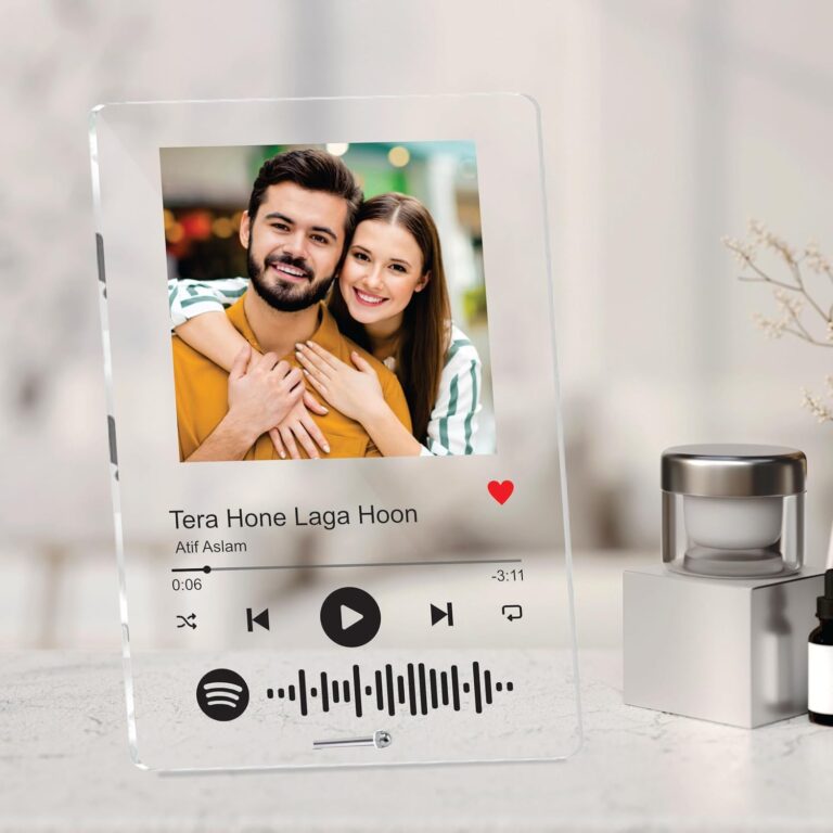 Giftplease Customized Photo and song Spotify Frame With Steel Removable Stand | Personalized Printed Plaque with scannable code | Gift | Birthday | Anniversary (Transparent, Acrylic, 6 * 9 Inches)