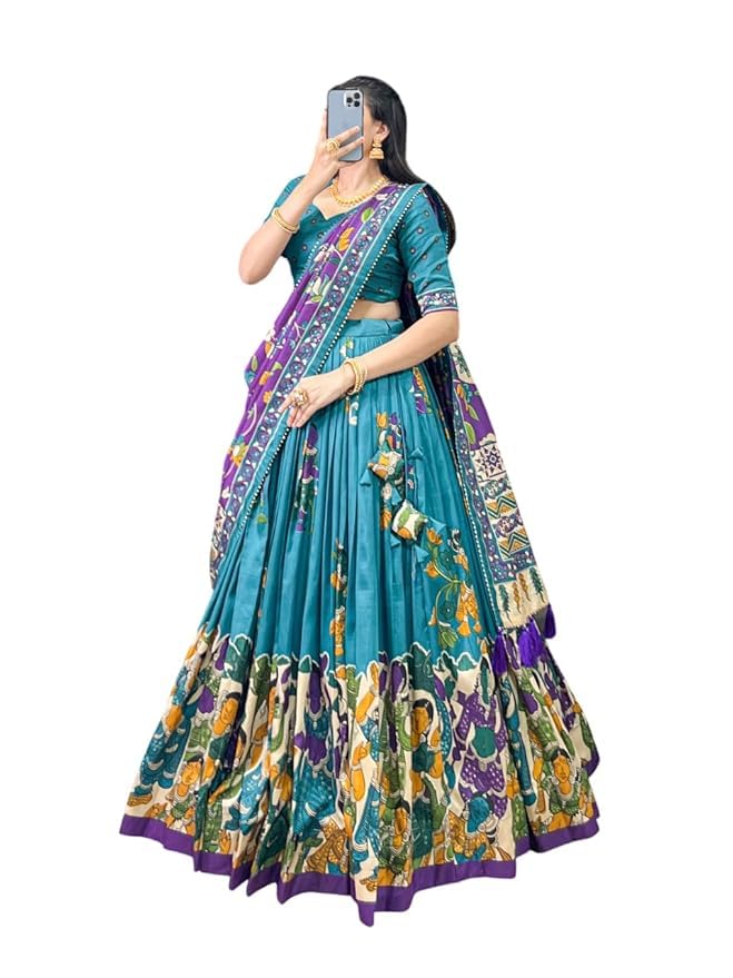 STYLELOOP Women’s Lehenga Choli | Tussar Silk With Patola Print with Foil Work With Solid And Unstitched Blouse Lehenga Choli With Dupatta
