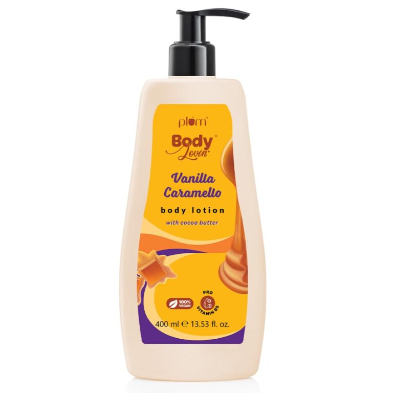 Plum BodyLovin’ Vanilla Caramello Body Lotion | Cocoa Butter & Vitamin B5 for Deep Moisturization | Non-Greasy | Soft & Glowing Skin | for Dry to Very Dry Skin | Warm & Cozy Vanilla Fragrance – 400ml