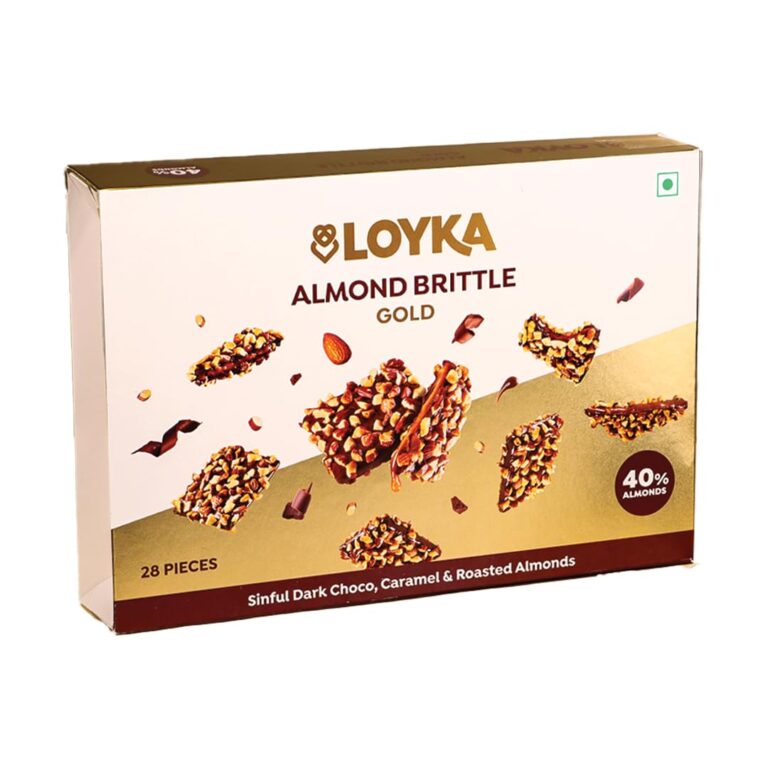Loyka Almond Brittle Gold Choco Box – 28 pcs |Premium Chocolate Gift Hamper | Choco & Nut Dryfruit Delicacy | Roasted California Almonds (40%), Dark Choco & Salted Caramel|Any-time snack,408 grams