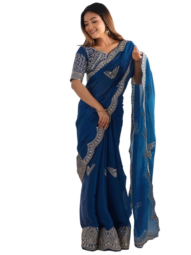 Satrani Women’s Tissue Silk Sequin Embroidery Scalloped Border Saree with Unstitched Blouse Piece