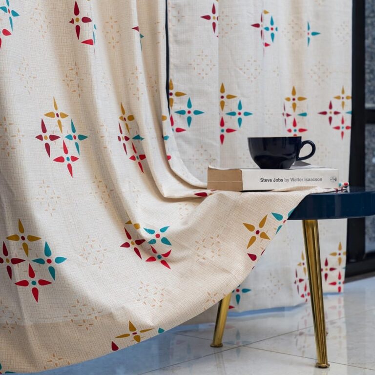 Urban Space 100% Cotton Curtains for Window, 60-65% Light-Filtering Room Darkening Decorative Curtains, Readymade Tieback Curtain with Eyelet Set of 2 (Mosaic – Red & Blue, 5 feet x 4 feet)