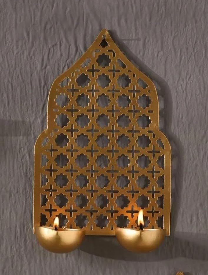 Decorative Wall-Mounted Tea Light Holder, Geometric Lattice Design, Gold Metal Finish