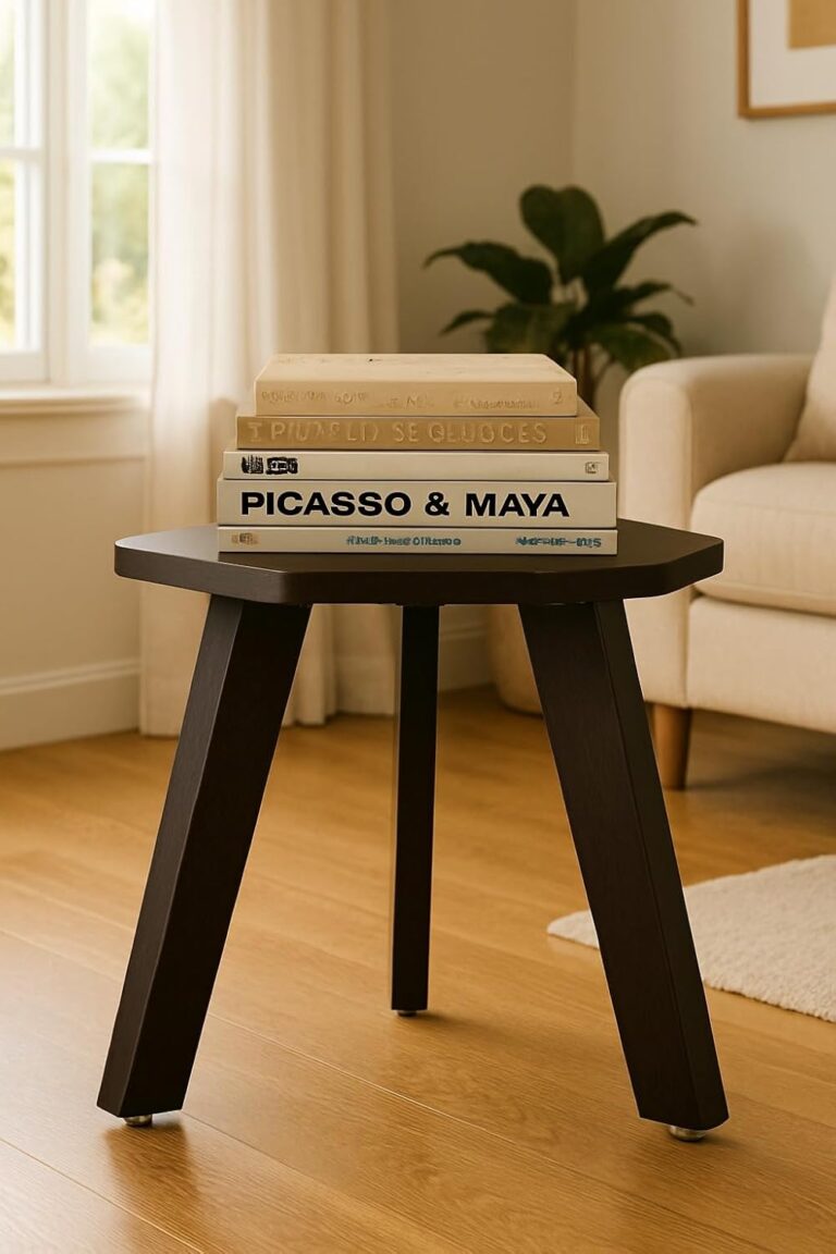 SBF Furniture Wood Mini Hexagonal Side Table, 30 cm, Matte Finish, Modern Minimalist Design, 3 Angled Legs (Accasiya Brown)