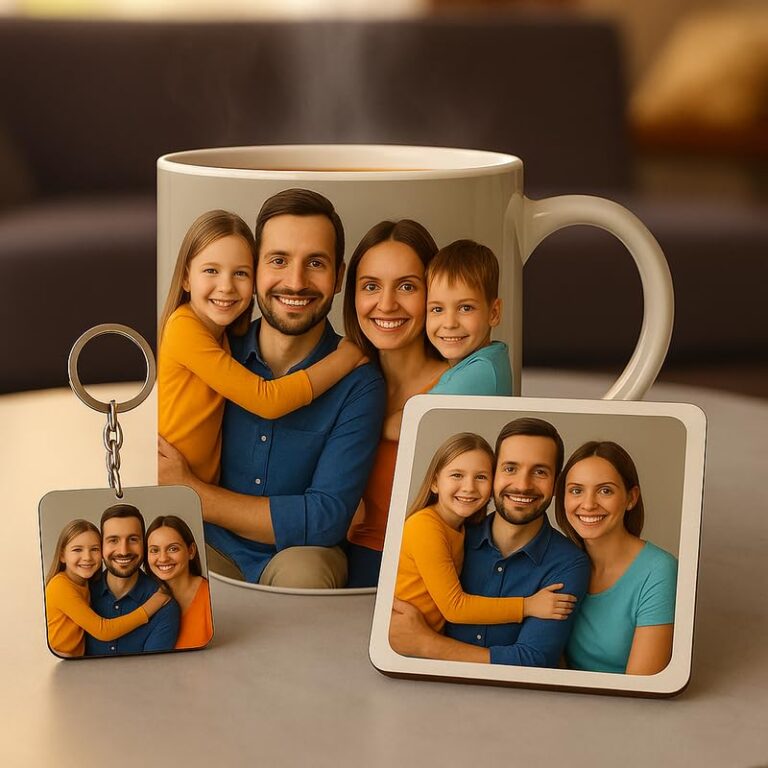 Choicecases Personalized Photo Print Gift Set – Customized Coffee Mug, Keychain & Coaster Combo | Gift for Family, Anniversary, Birthday & Special Occasions (350ml)