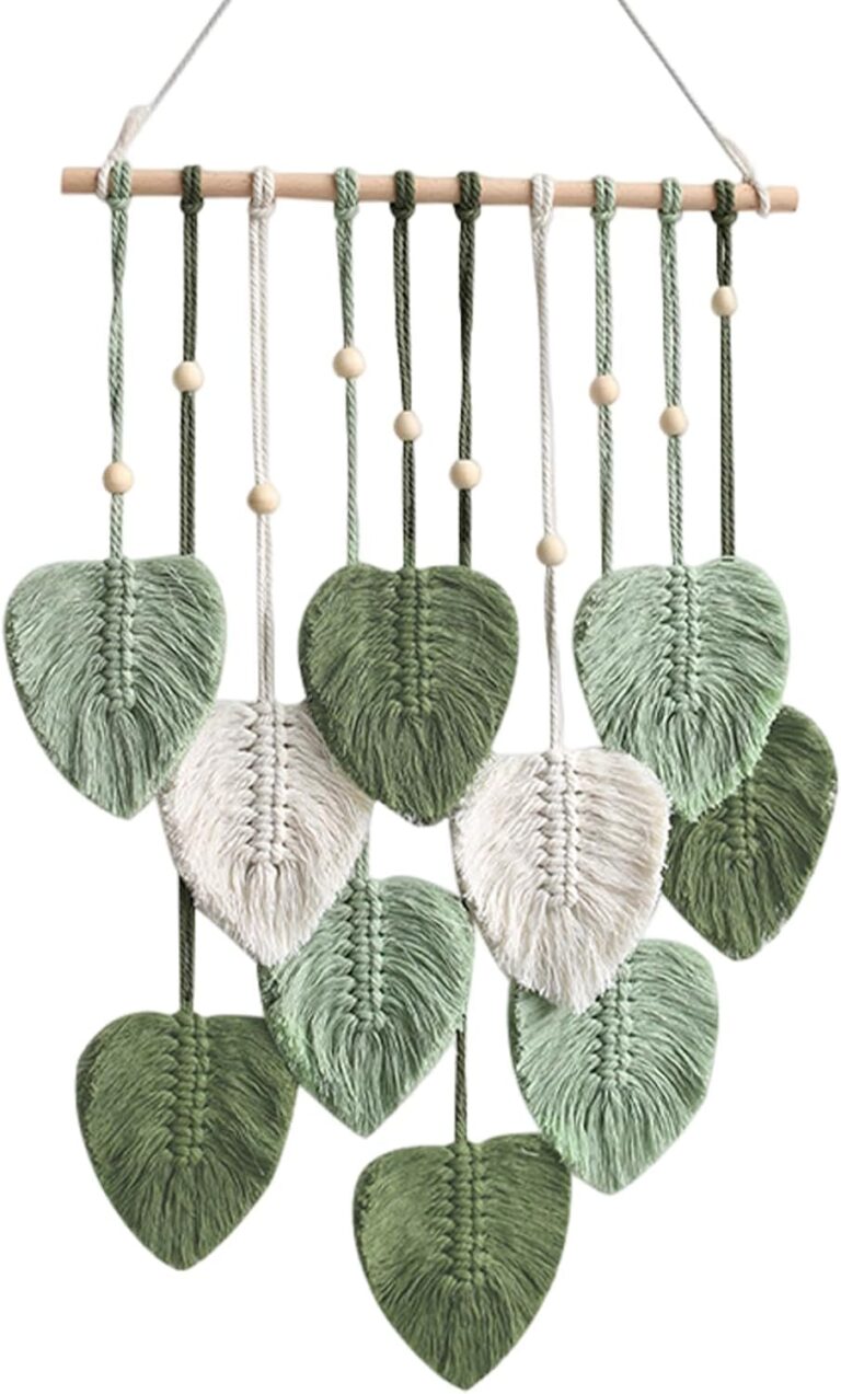 LOVE N BEYOND Macrame Wall Hanging Boho Handmade Wall Decor Feather Tapestry with Wooden Beads and Green Leaves Chic Boho Wall Art Decor 66 x 40 Cms (Green)