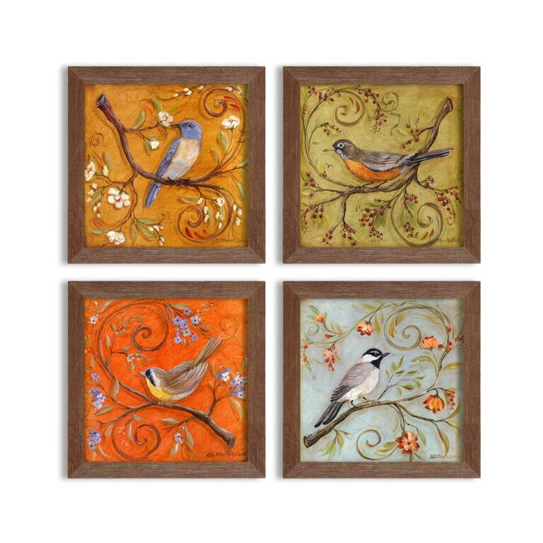 Painting Mantra Floral & Birds Theme Framed Painting/Posters for Room Decoration, Set of 4 Brown Frame UV Textured Art Prints/Posters for Living Room by Painting Mantra (4 Unit, 9 x 9 Inches)