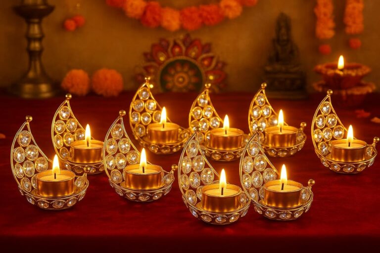 CentraLit Tea Lightcrystal Candle Holder, Return Gifts – Metal Lanterns Diya, Handicraft Items For Home Decor – Indian Decor Gifts For Wedding Party, Ramadan,Eid Diwali Decoration (Pack Of6), Golden