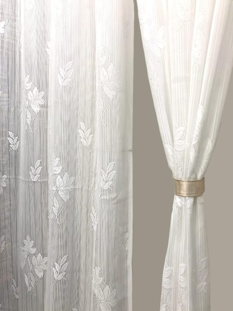 Fabrilia Floral Net Semi Transparent Door Semi Sheer Grommet Curtains 7 Feet Set Of 2, White