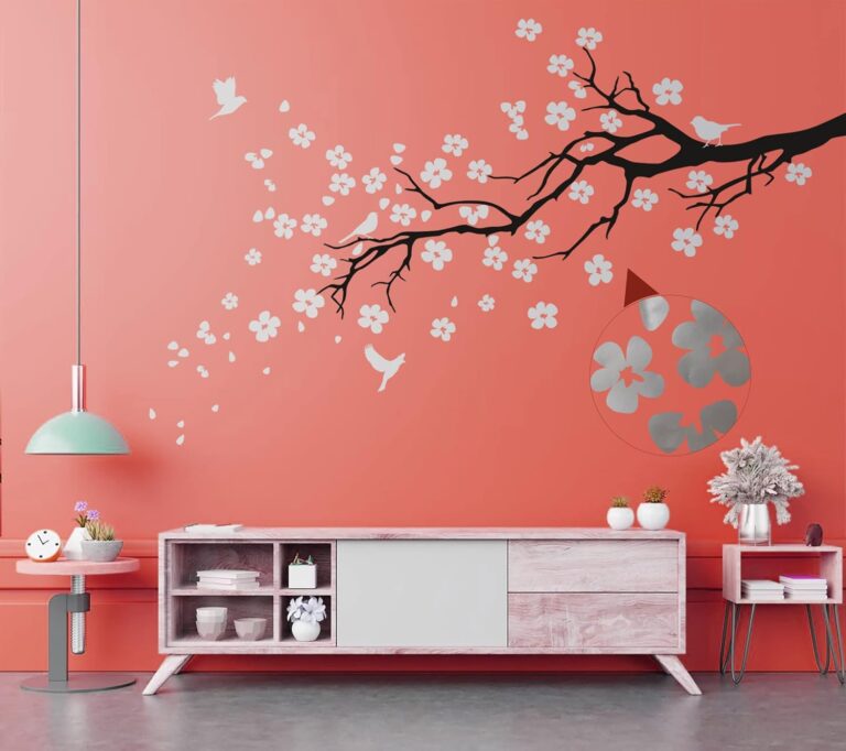WallDesign Petal Burst Wall Sticker-Silver Birds&Branch-Modern Decor For Living Room,Bedroom,Home-Hand Painted Floral Look,Self-Adhesive,80 inches