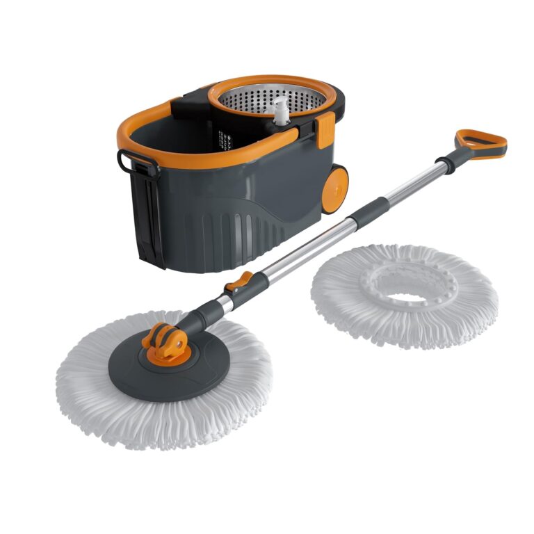 Bonkaso Spin Mop with Stainless Steel Wringer & Big Wheels | 360° Rotating Mop, Adjustable Handle | Easy Floor Cleaning Bucket Set with 2 Microfiber Refills – Grey & Orange (46 x 26.5 x 23 cm)