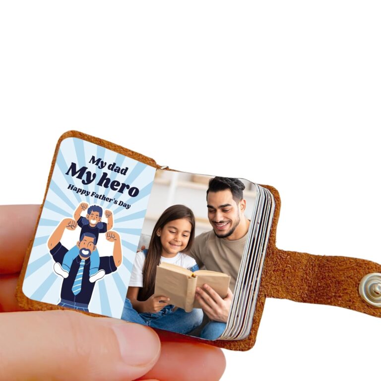 Flashing Click Customizable Leather Mini Photo Album Keychain – with 12 to 24 Photos – Gift Idea for Father’s Day, Birthdays, Anniversaries, or Special Moments