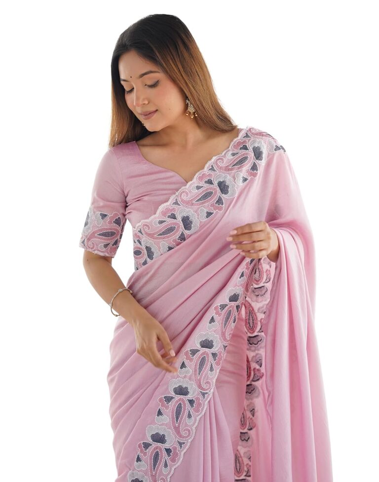 SIRIL Women’s Silk Blend Embroidery Scalloped Border Saree With Unstitched Blouse Piece for Wedding and Parties