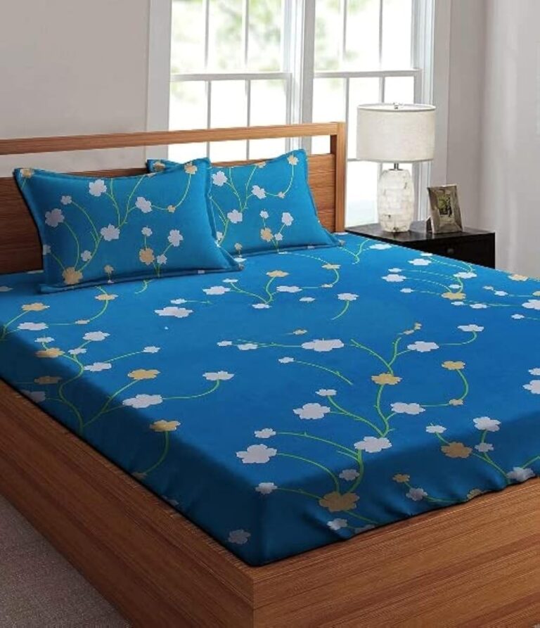 BSB HOME® Glace Cotton 160 TC Big Flower Printed Double Bedsheets with 2 King Size Pillow Cover, (90X90 Inches, 7.5 x 7.5 Feet, Blue & White Leaf)