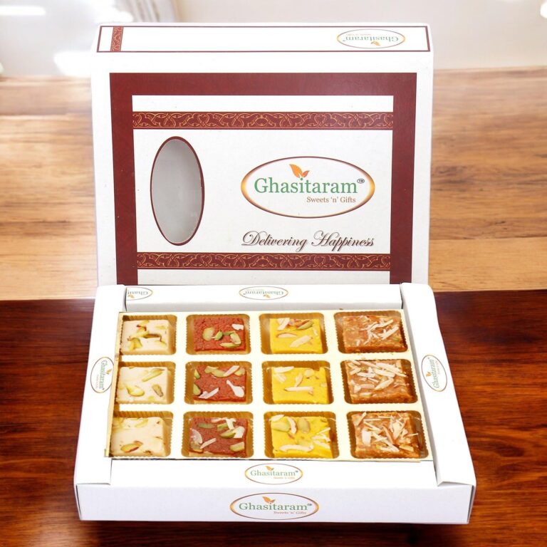 Ghasitaram Gifts Diwali Gifts Diwali Sweets – Assorted Barfis White Box, 300g