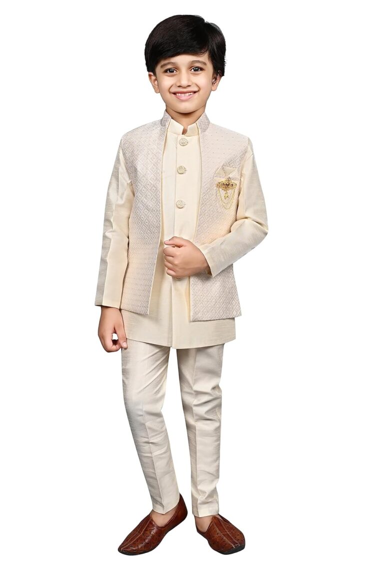 AHHAAAA Kids Indian Ethnic Silk Blend Waistcoat Kurta Pyjama Set Traditional Bollywood Style Wedding Sherwani for Boys