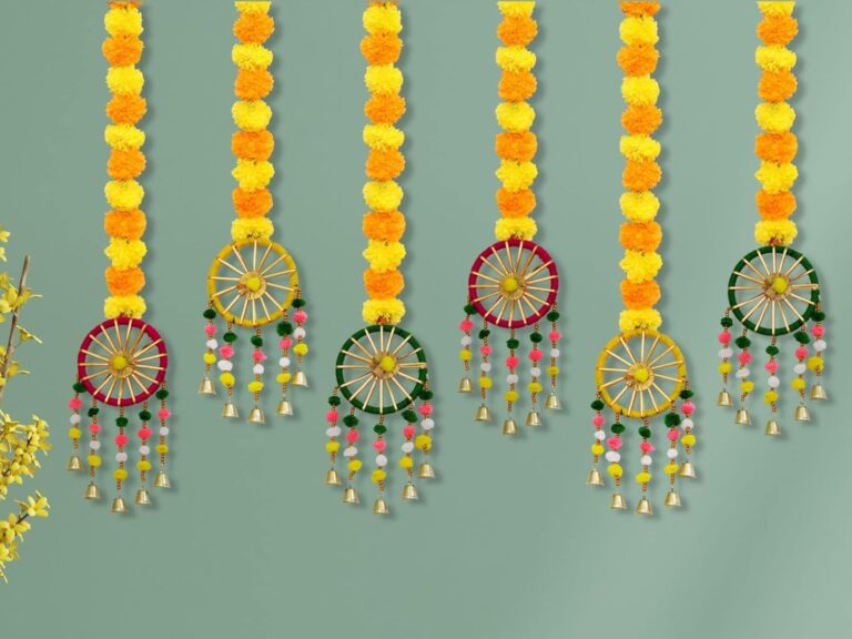 JH Gallery Plastic, Wool Handmade Artificial Marigold Fluffy Flowers with Ring Bell Hanging Latkan Toran For Home, Festival, Wedding, Temple Pooja Room Decoration (Pack of 6)