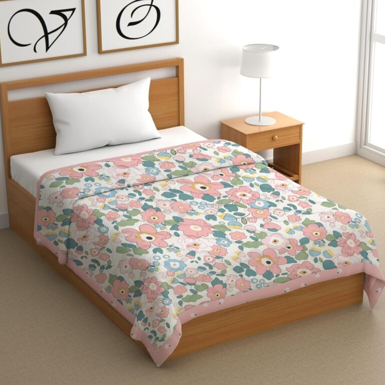 CHHAVI INDIA Comforter Single Bed for All Seasons, Blanket Single Bed, AC Comforter Single Bed, Reversible Microfiber, Quilt, AC Blanket, Dohar Single Bed (220 GSM) (Pink Floral)