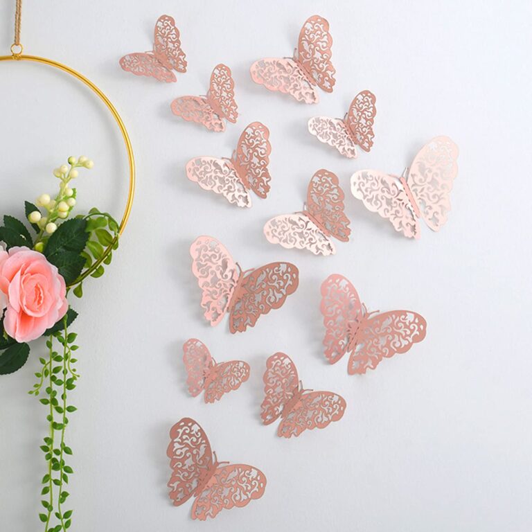 AMFIN (Pack of 12) 3D Metallic Butterfly Wall Stickers, Art Decor. Removable DIY Paper Butterflies for Living Room, Bedroom, Nursery, Party Decorations, Birthday – Rosegold