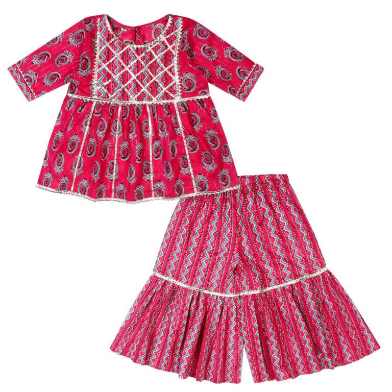 superminis Girls Cotton Printed Sanganeri Prints Frock Style Kurti With Full Length Sharara Set