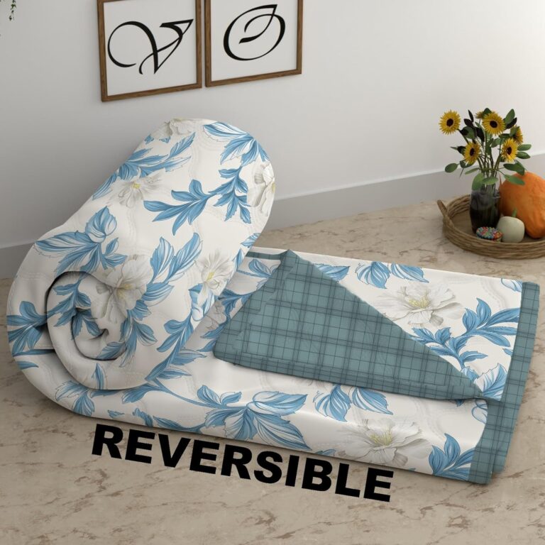 DREAMLET Comforter Double Bed for All Seasons, Blanket Double Bed, AC Comforter Double Bed, Reversible Cotton, Quilt, AC Blanket, Dohar Double Bed (220 GSM) (Grey & Blue Leaf)