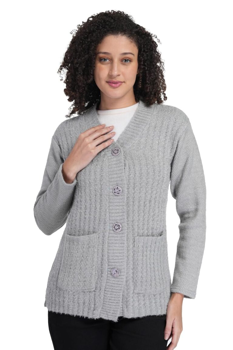 Women’s Woolen V-Neck Buttoned Full Sleeve Cardigan Self Design Soft Wool Fabric Winter Wear Pure Wool Sweater Fully Warm with Front Pockets Stylish Cardigan