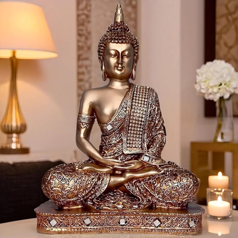 Global Grabbers New 25 Centimetre Meditating Sitting Buddha Statue showpiece Idol Home Decor Items for Living Room and Gifts (Golden2)